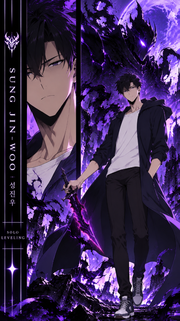 Sung Jinwoo in black beneath violet shadows and a glowing purple moon, with the Shadow Monarch insignia