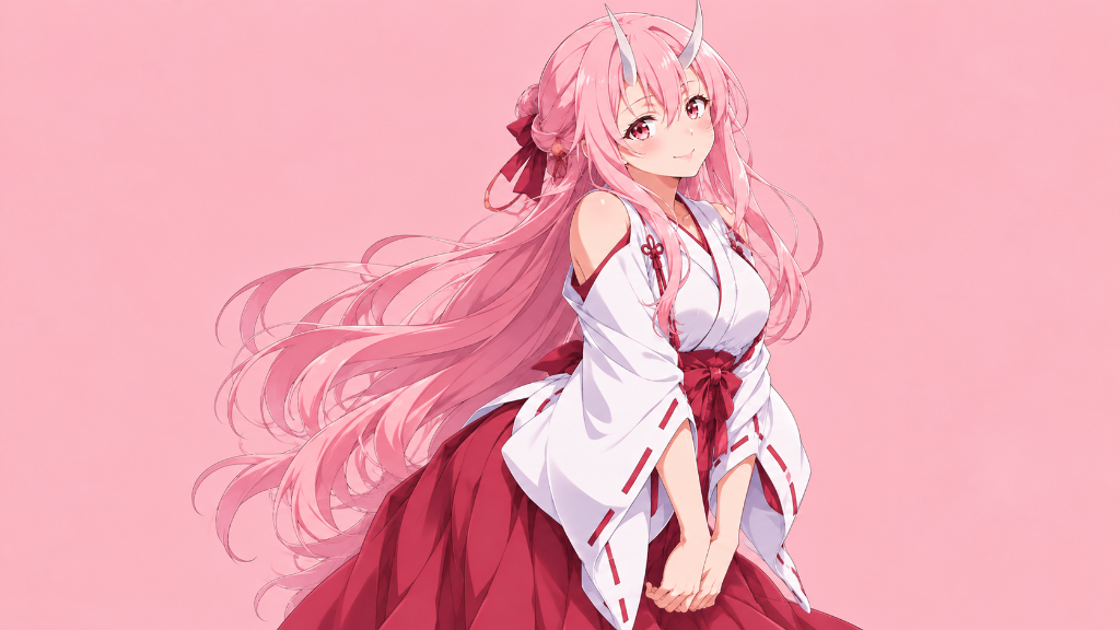 Milim Nava: Milim Nava in a white and red festival outfit against a soft pink background.