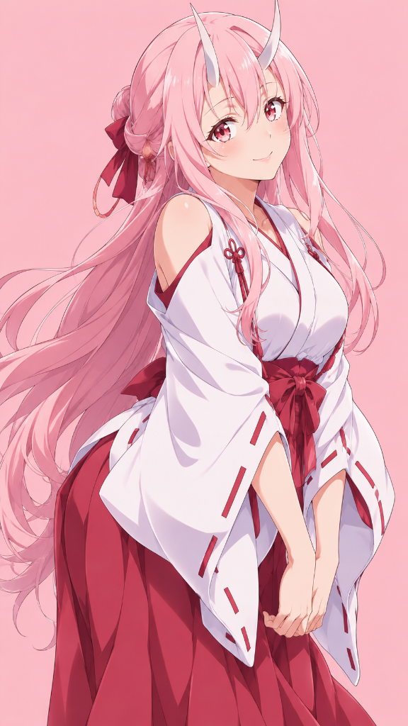 Milim Nava: Milim Nava in a white and red festival outfit against a soft pink background.