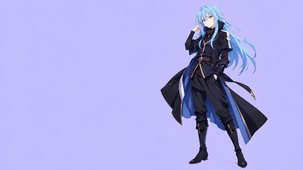 Rimuru Tempest: Rimuru Tempest in a dark coat against a pale violet backdrop.