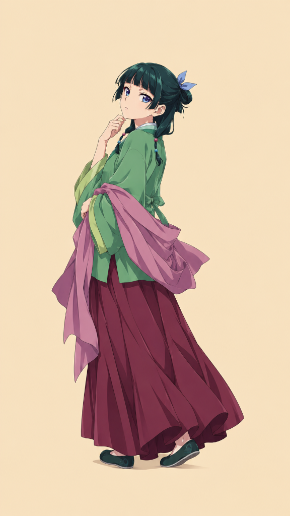Maomao: Maomao in green and rose robes, phone edition.